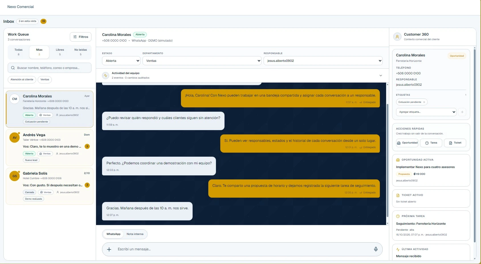 Interfaz real del Inbox Nexo: conversación, bandeja de trabajo y Customer 360